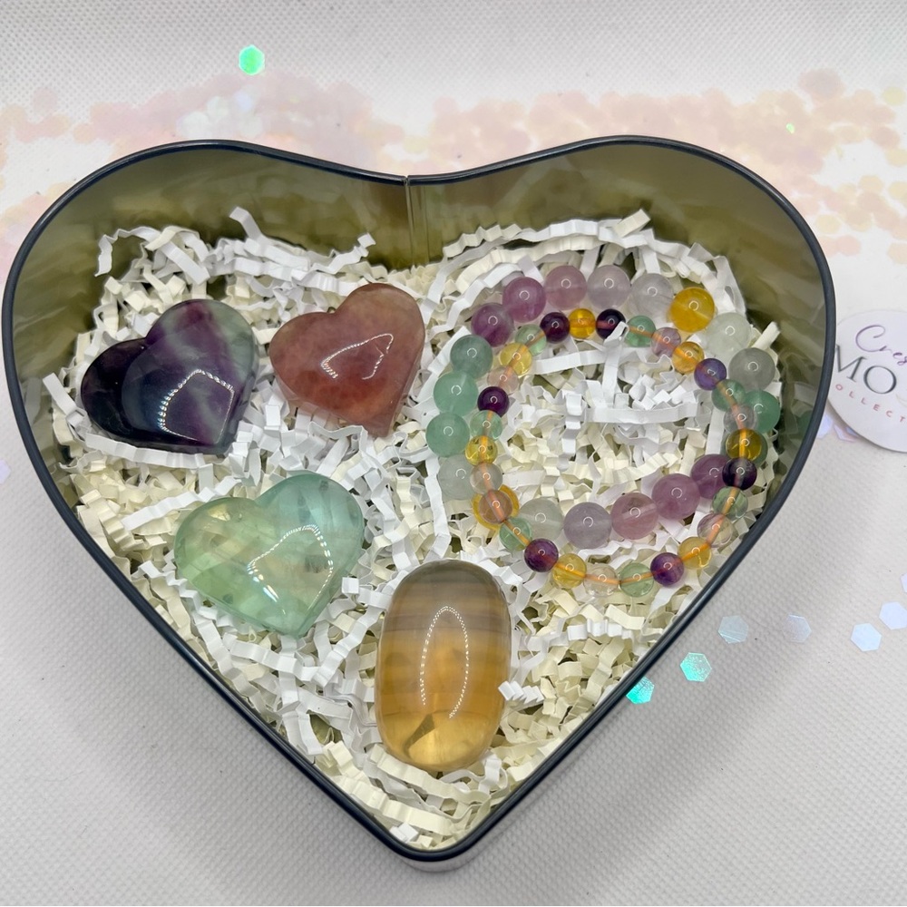 HQ Candy Fluorite Heart Carvings, Palm Stone & Bracelets Gift Set